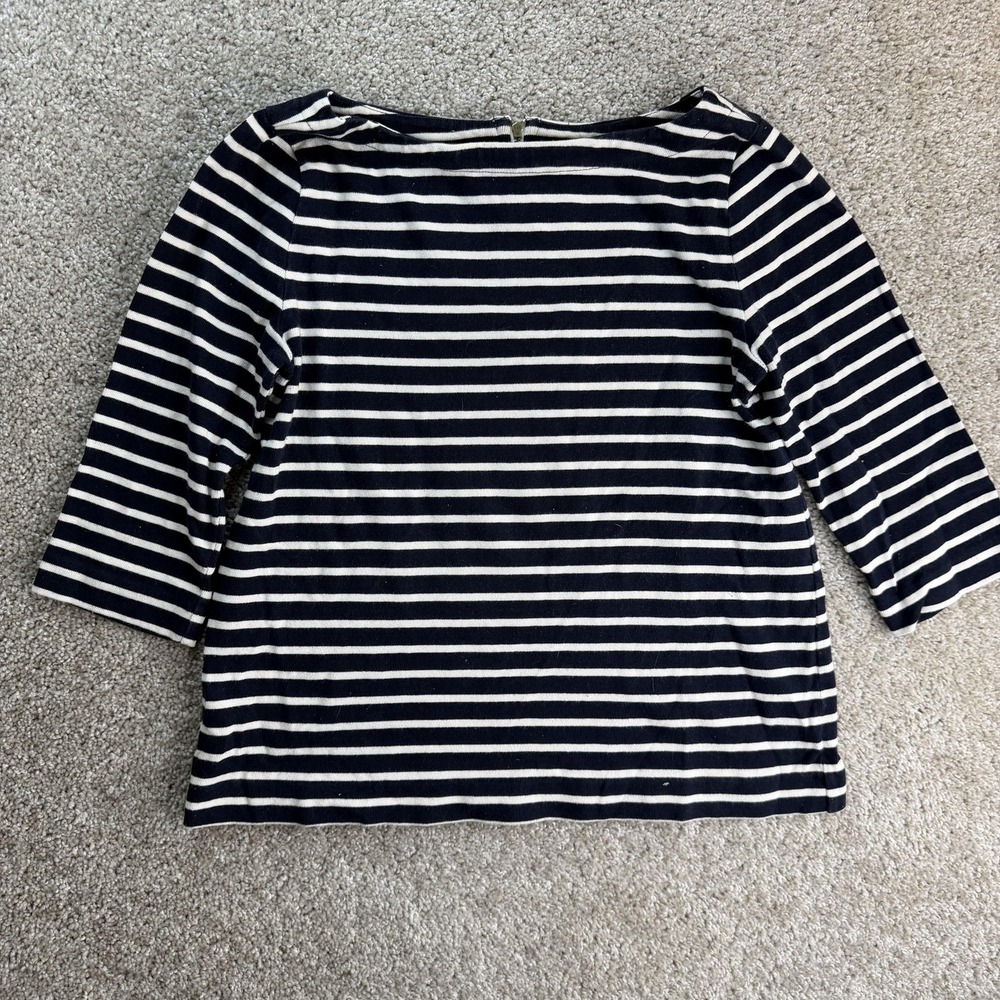 LOFT Shirt Womens M Blue Striped Boat Neck 3/4 Sleeve Cotton Jersey Zipper Top